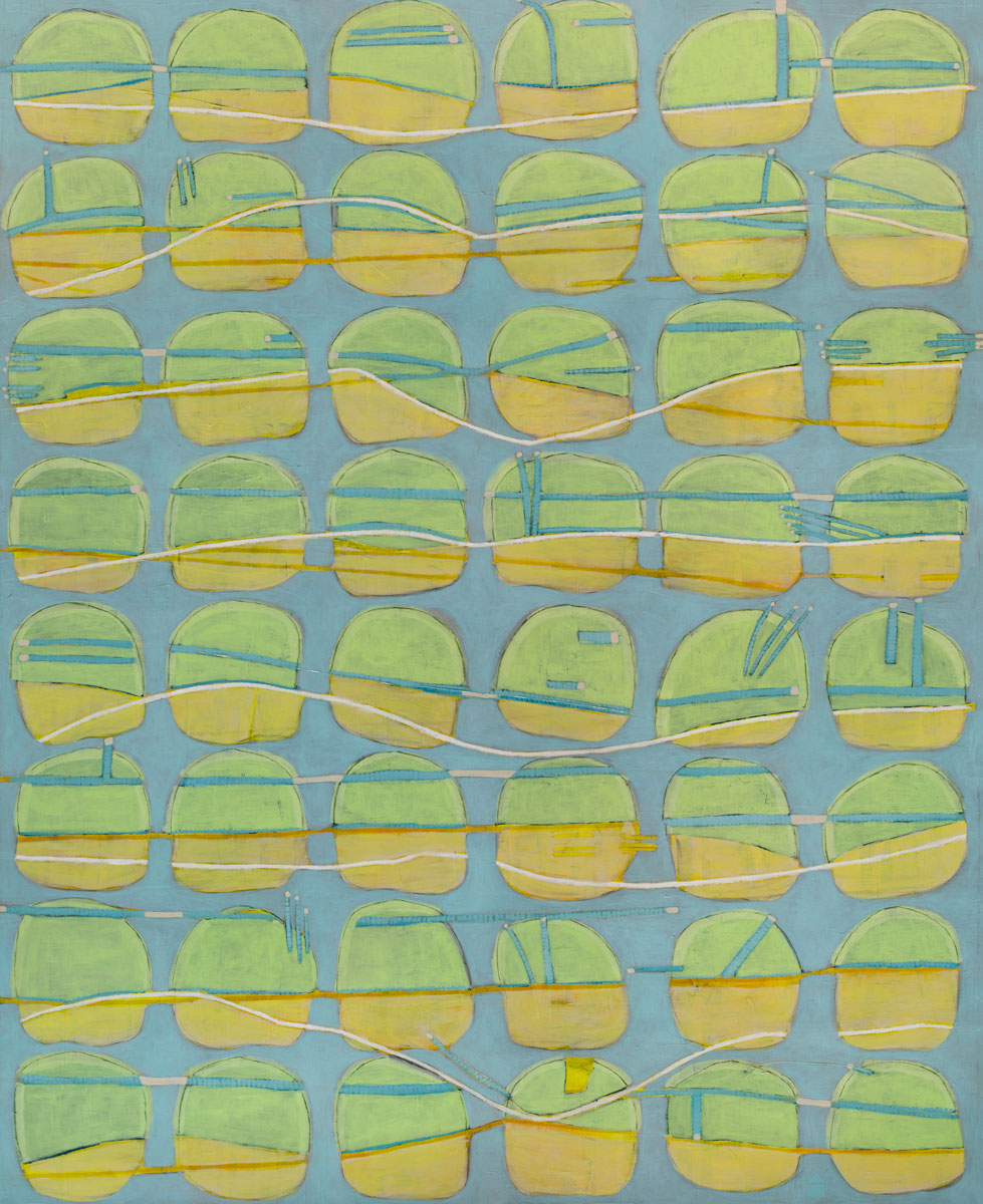 A yellow, green and light slate blue abstract circle print by Sofie Swann.