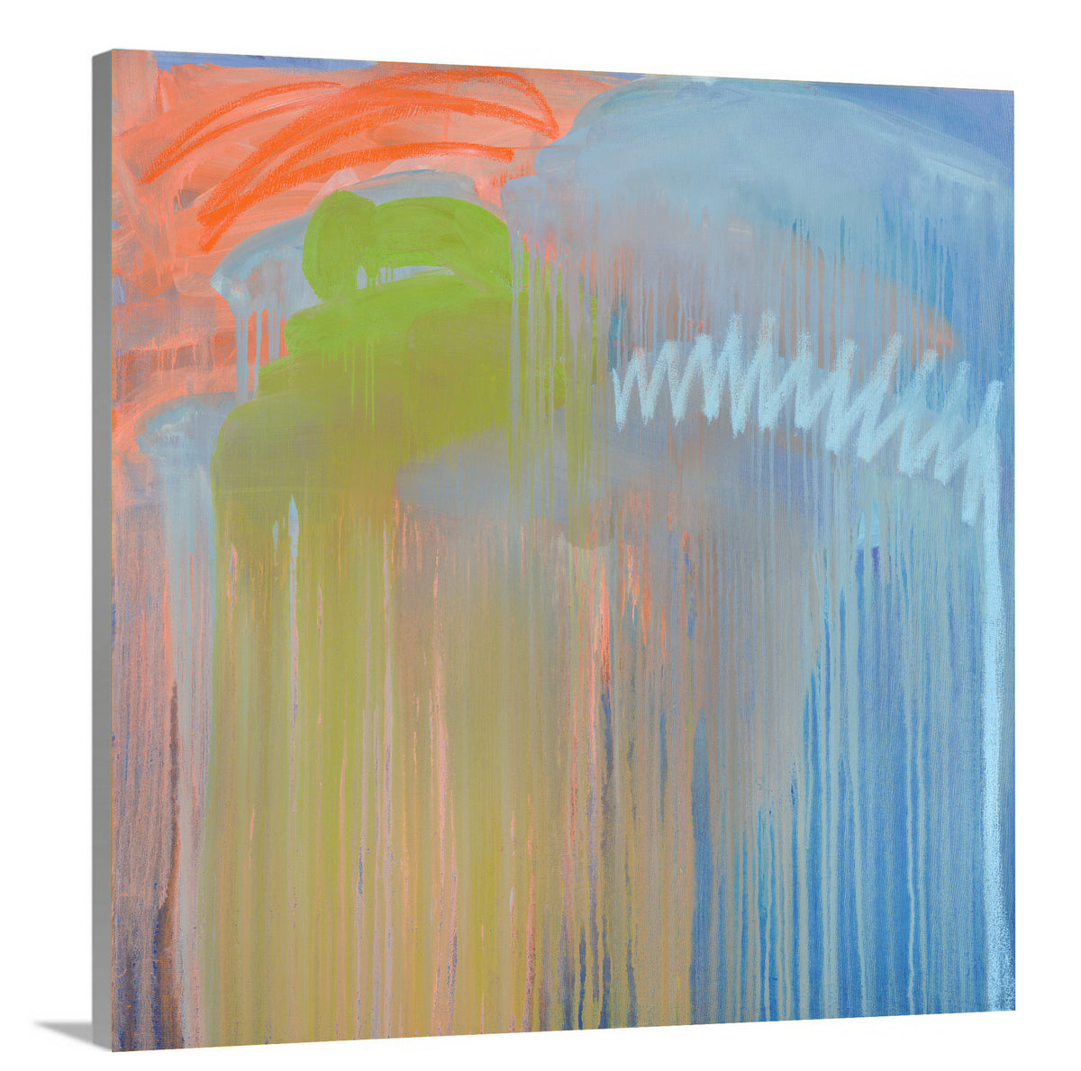 A side-angle view of a blue, orange and green abstract print on canvas.