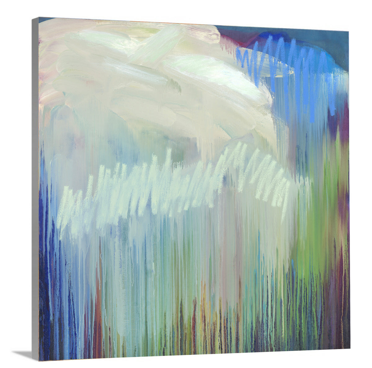 A side-angle view of a multicolored abstract print on a canvas.