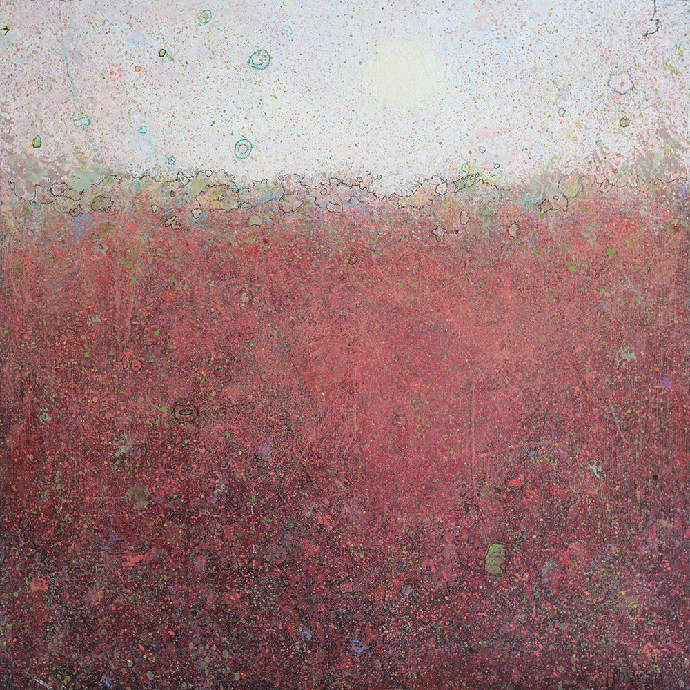 A red abstract landscape print with multicolored accents by Elwood Howell.