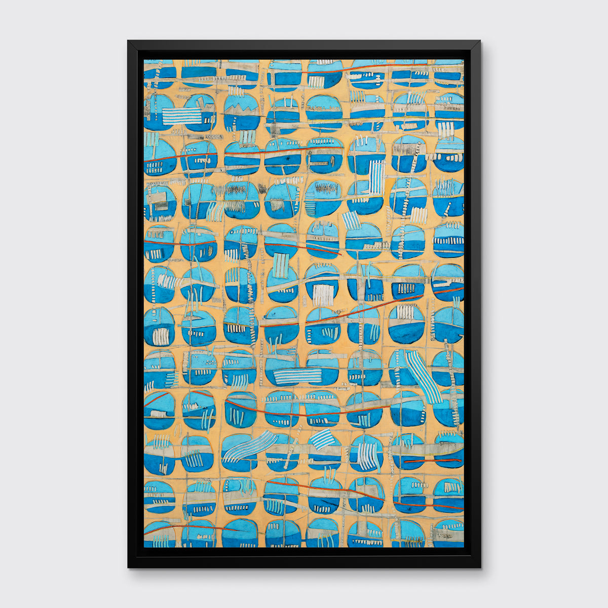 An orange, blue and light blue abstract print in a black floater frame hangs on a white wall.