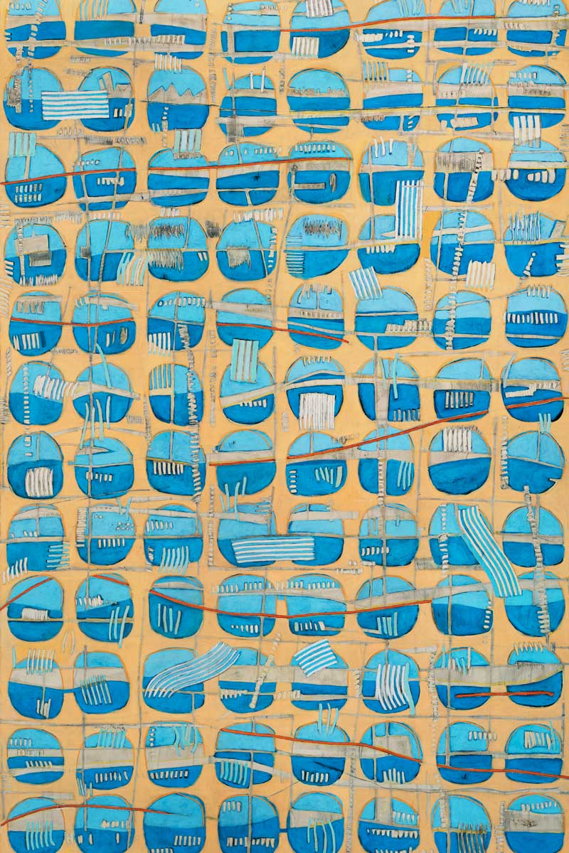 An orange, blue and light blue abstract print by Sofie Swann.