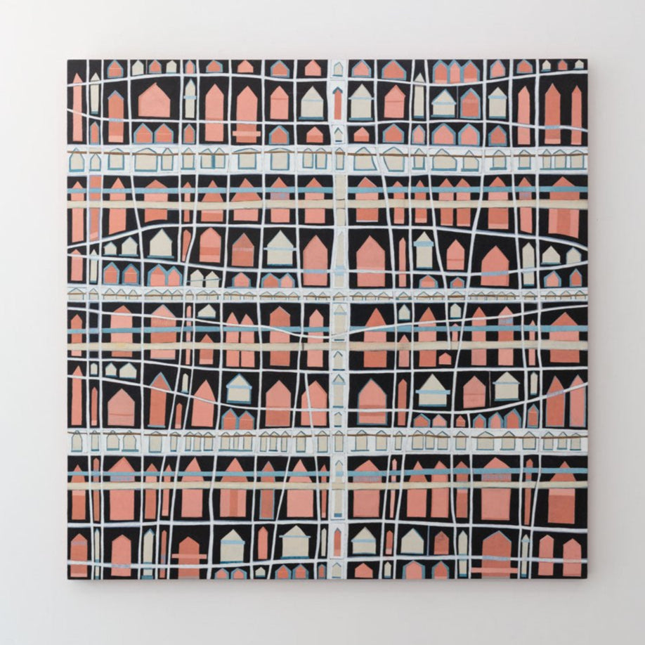 An abstract painting with cross hatching brushstrokes over small pink house shapes is hung on a gallery wall.