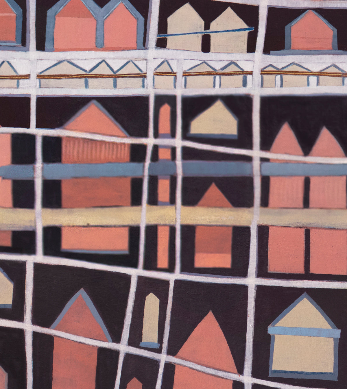 A detail shot of an abstract painting with cross hatching brushstrokes over small pink house shapes.