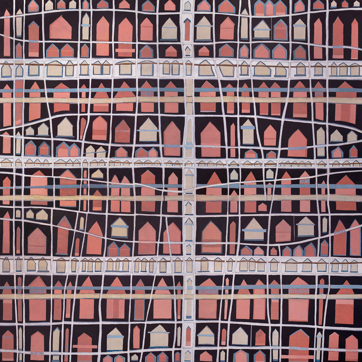An abstract painting with cross hatching brushstrokes over small pink house shapes. Wired and ready to hang.