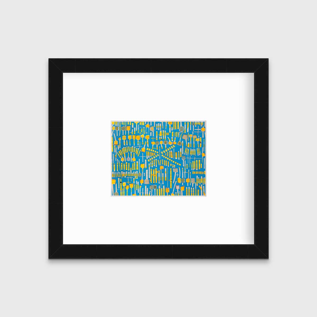 A blue and yellow abstract print in a black frame with a mat hangs on a white wall.