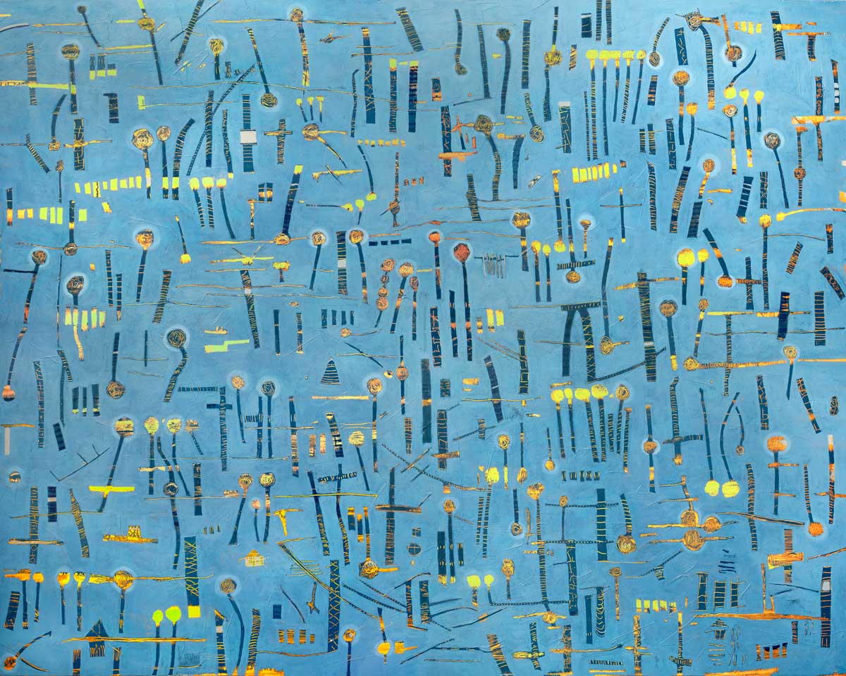 A blue, yellow and orange abstract print by Sofie Swann.
