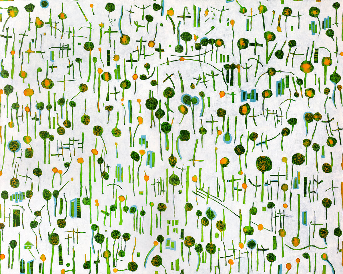 A green, yellow and white abstract print by Sofie Swann.