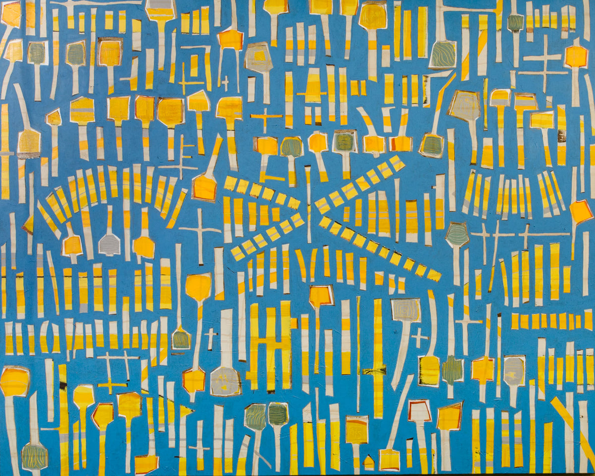 An abstract panting of yellow sticks and "lollipops" on a blue background. Wired and ready to hang.