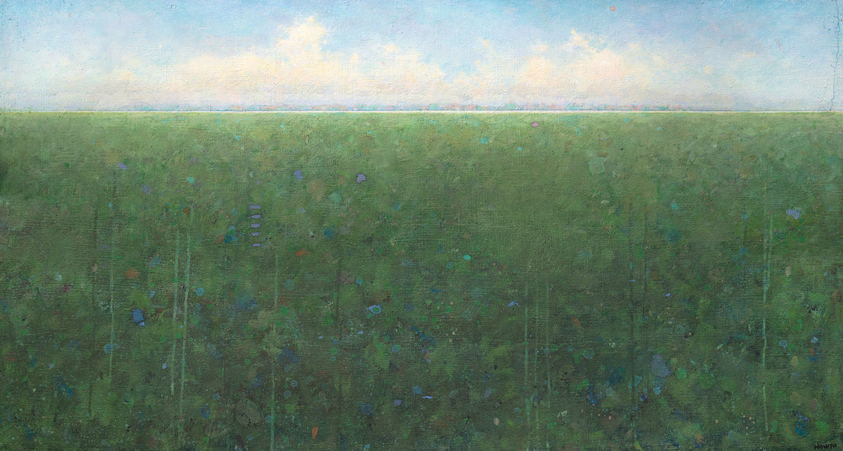 A green, light blue and white abstract landscape print by Elwood Howell.