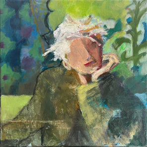A green abstracted portrait painting by Christine Averill-Green. 