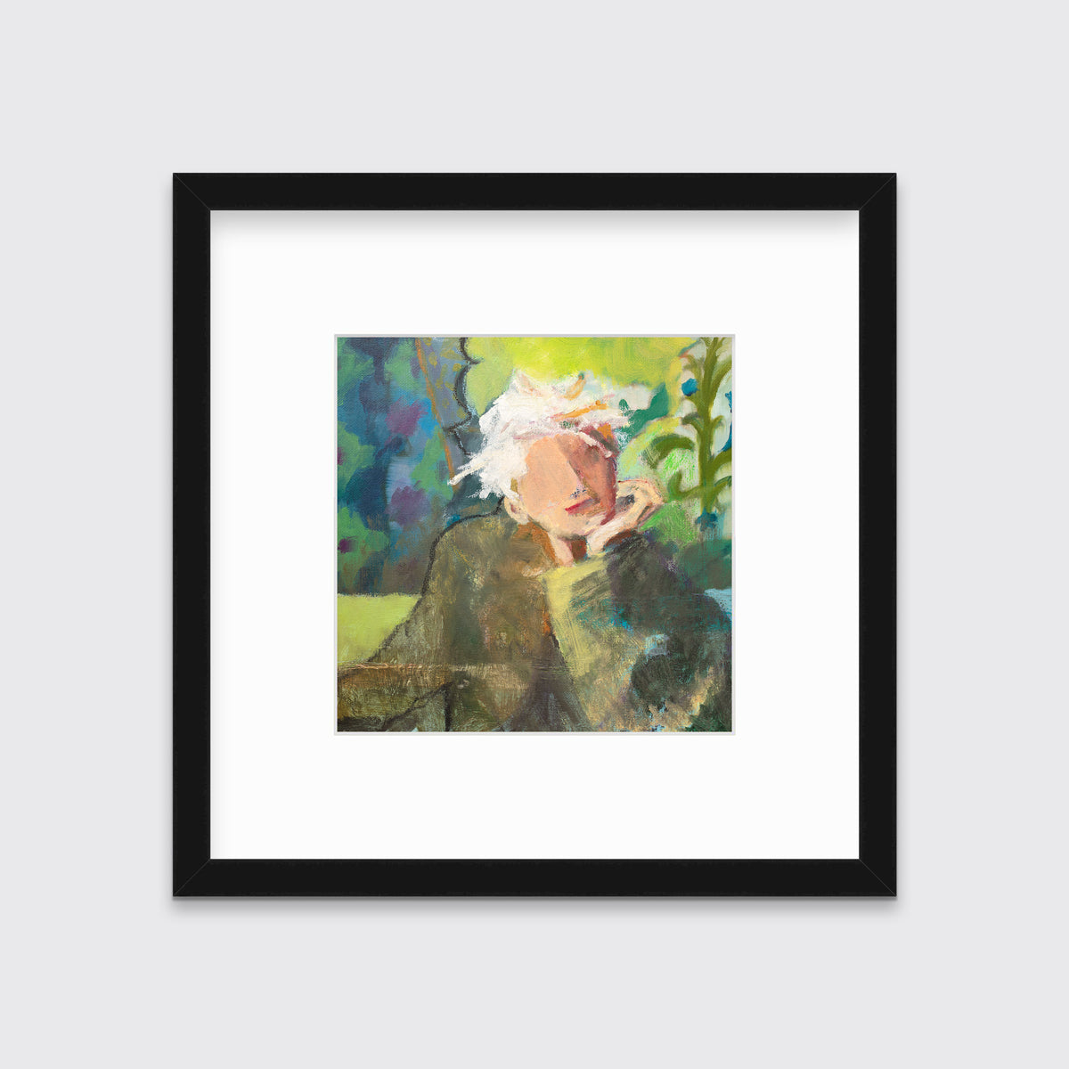 A green, beige and white abstract figural print in a black frame with a mat hangs on a white wall.