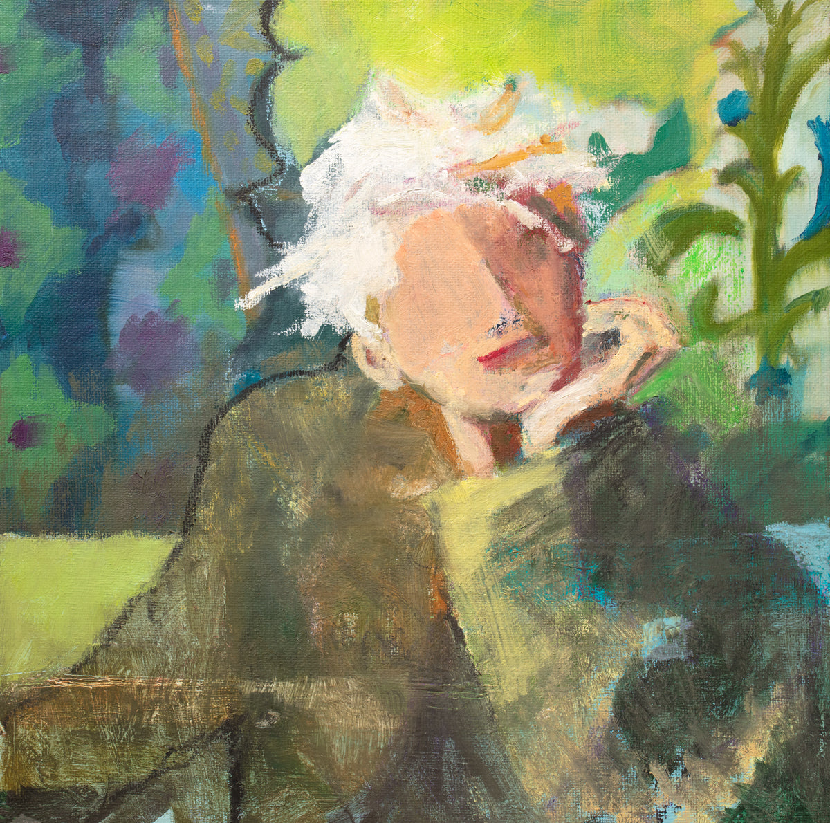 A green, beige and white abstract figural print by Christine Averill-Green.