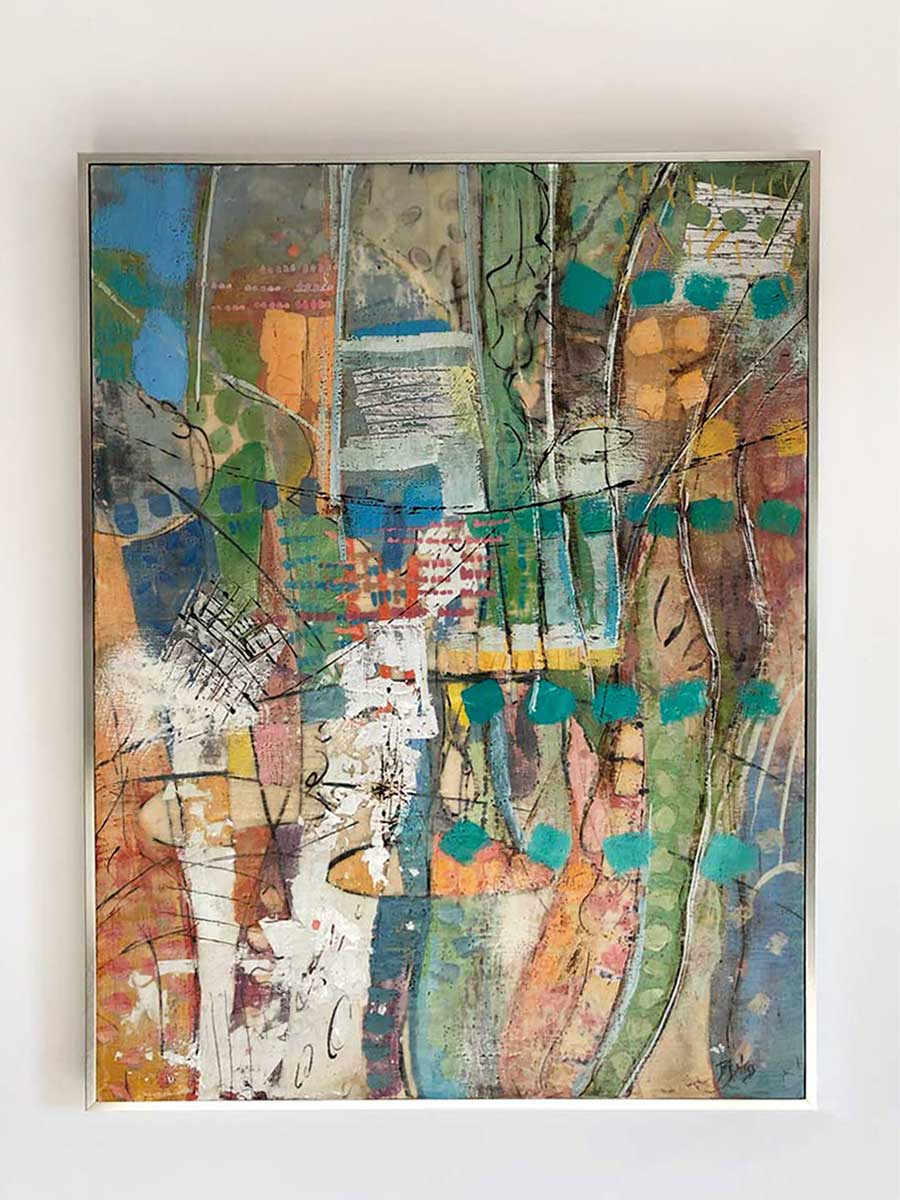 A straight on view of a framed multicolored abstract painting by Linda Bigness, hanging on a white wall.