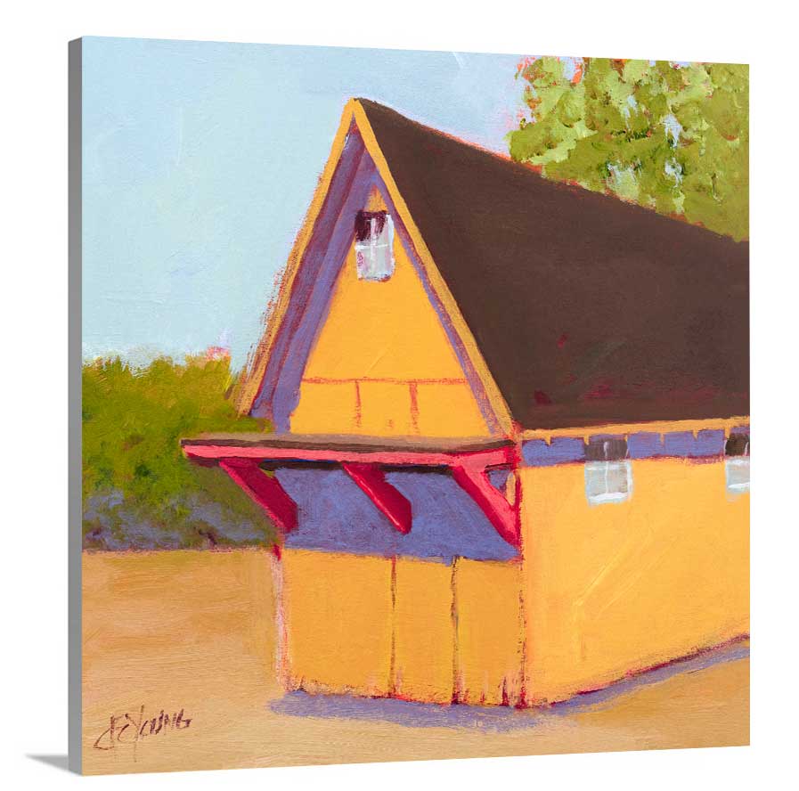 A side-angle view of a yellow, orange, lavender and blue contemporary barn print on canvas.