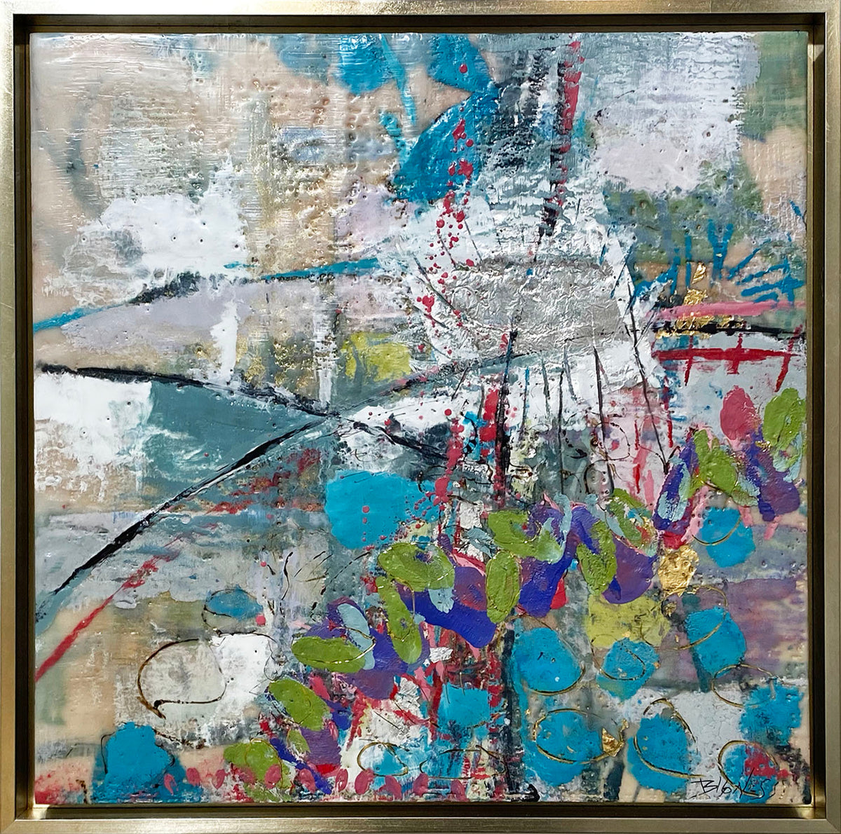 A multicolored abstract encaustic painting framed in a gold frame.