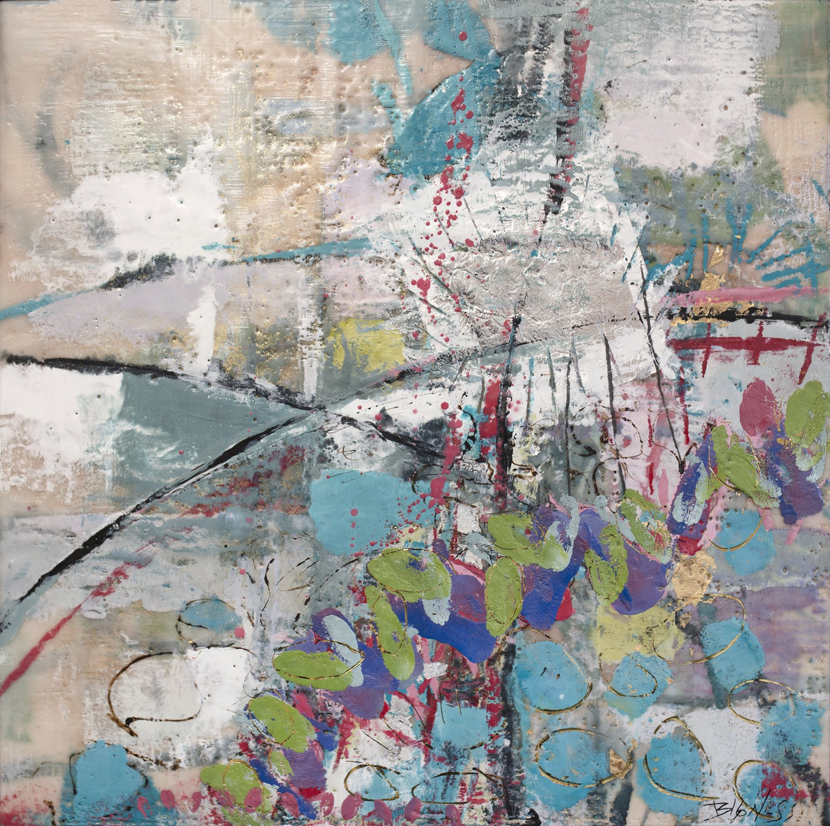 A close up detail of a print of layered lines and shapes from Linda Bigness' painting, Marks of Passion