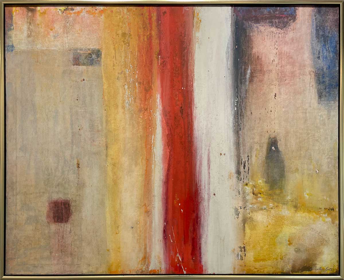 A multicolored abstract painting in a warm gold frame.