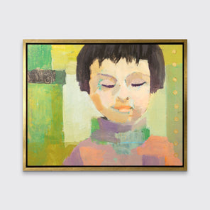 A green, coral, beige and brown abstract figural print in a gold floater frame hangs on a white wall.