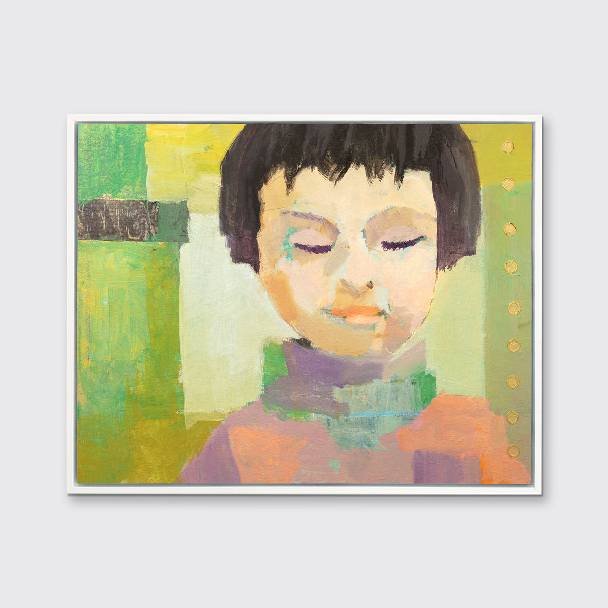 A green, coral, beige and brown abstract figural print in a white floater frame hangs on a white wall.