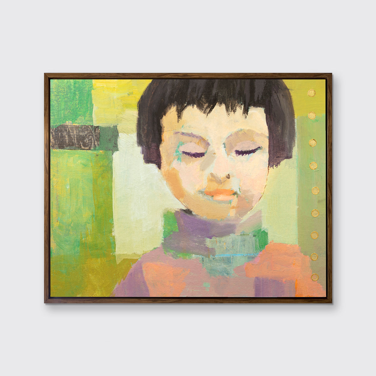 A green, coral, beige and brown abstract figural print in an oak wood floater frame hangs on a white wall.