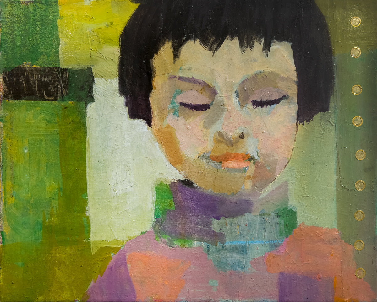 An abstract painting of a small child with dark hair and their eyes closed, wearing an orange and purple sweater in front of an abstracted green background.