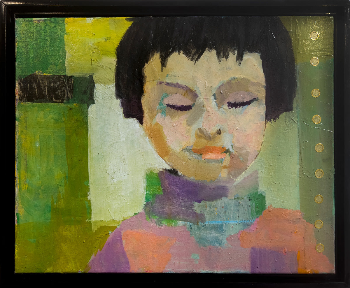 An abstract painting of a small child with dark hair and their eyes closed, wearing an orange and purple sweater in front of an abstracted green background in a black floater frame.