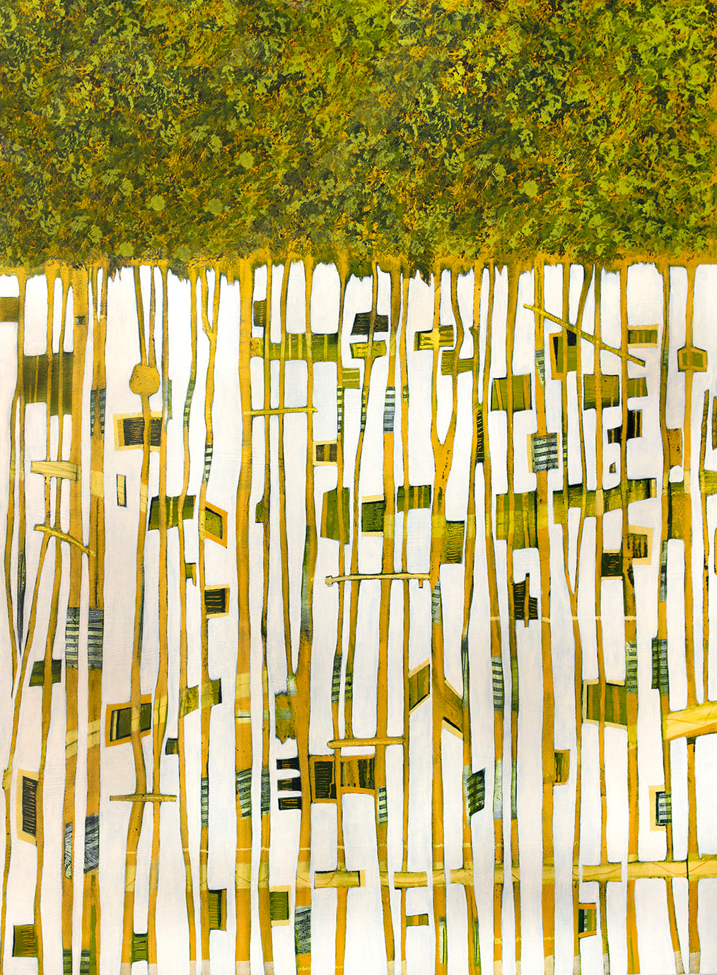 A green, yellow and white abstract print by Sofie Swann.