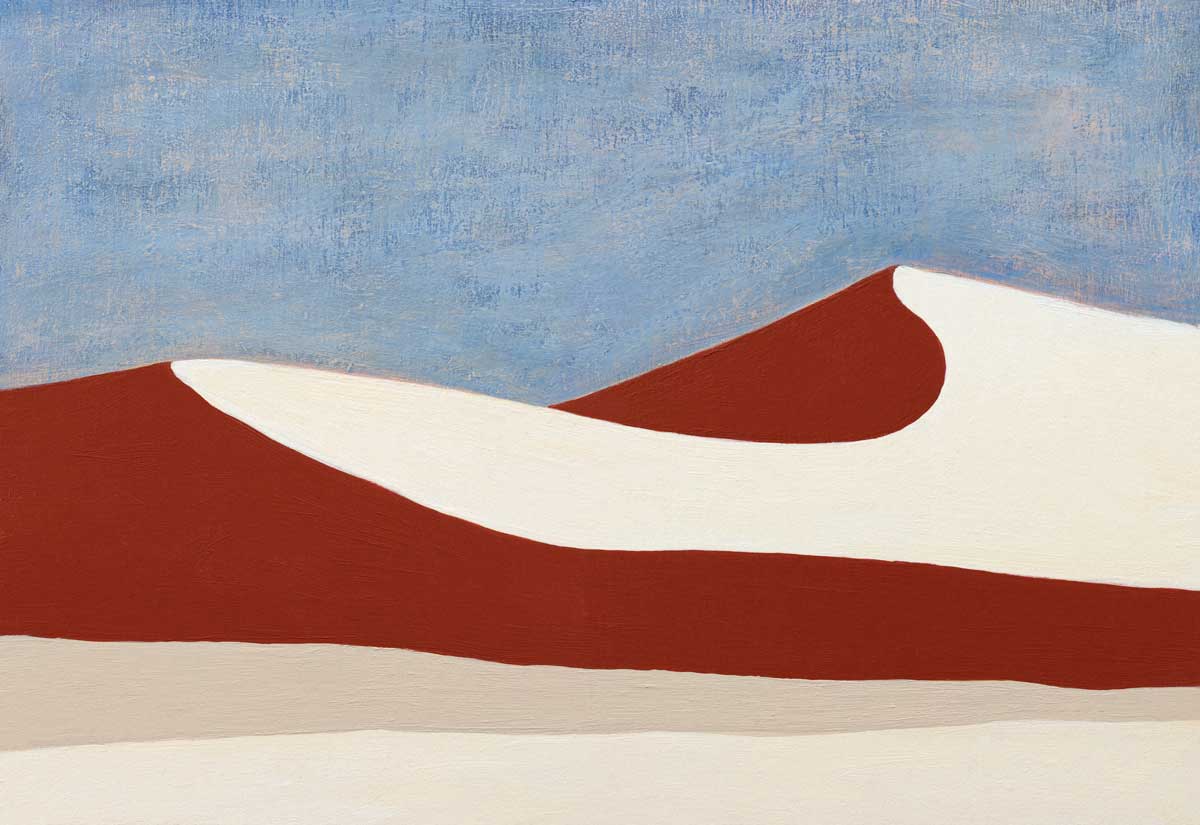 A blue, red and beige abstract landscape print by Alina B.