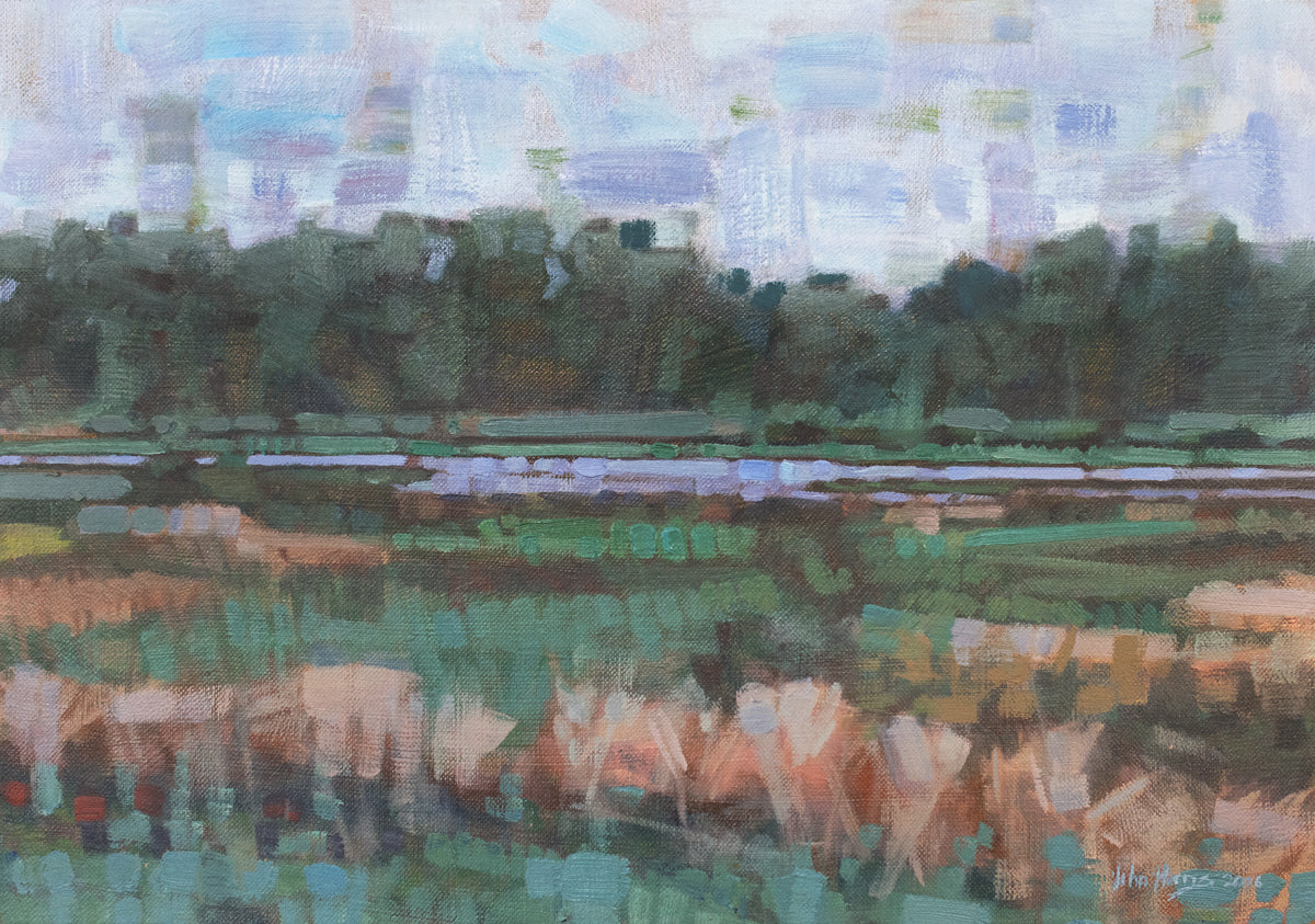 A green, orange and blue abstract landscape print by John Harris.