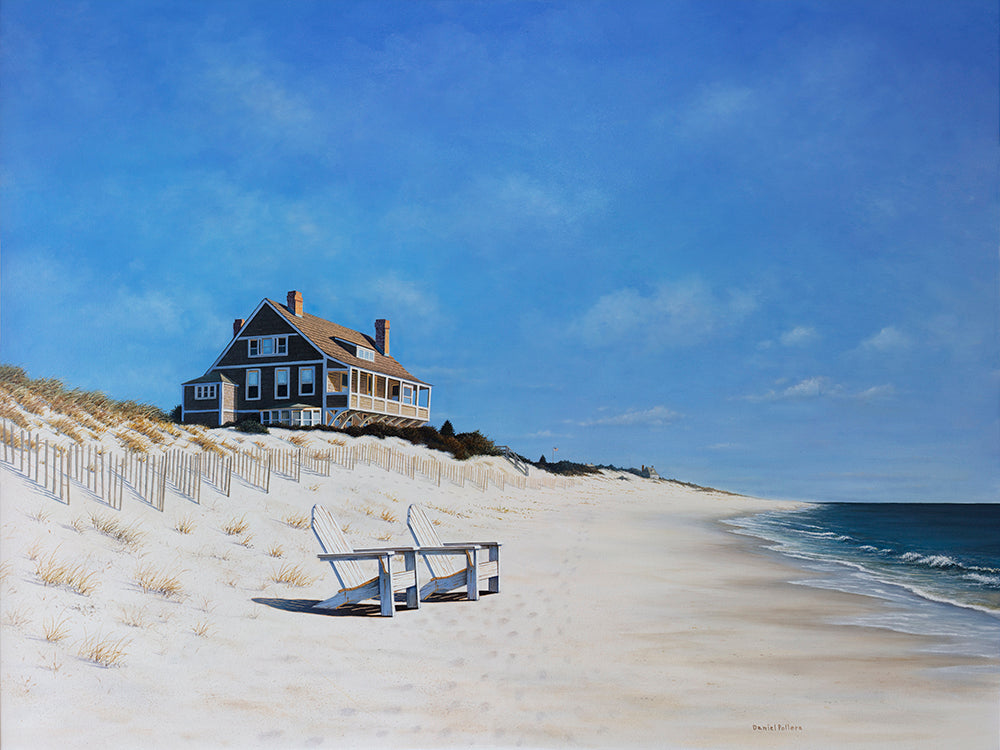 Beach scene with a Brown beach house in the distance. In the foreground of the painting on the beach is to wooden beach chairs. The painting depicts a clear summer day.