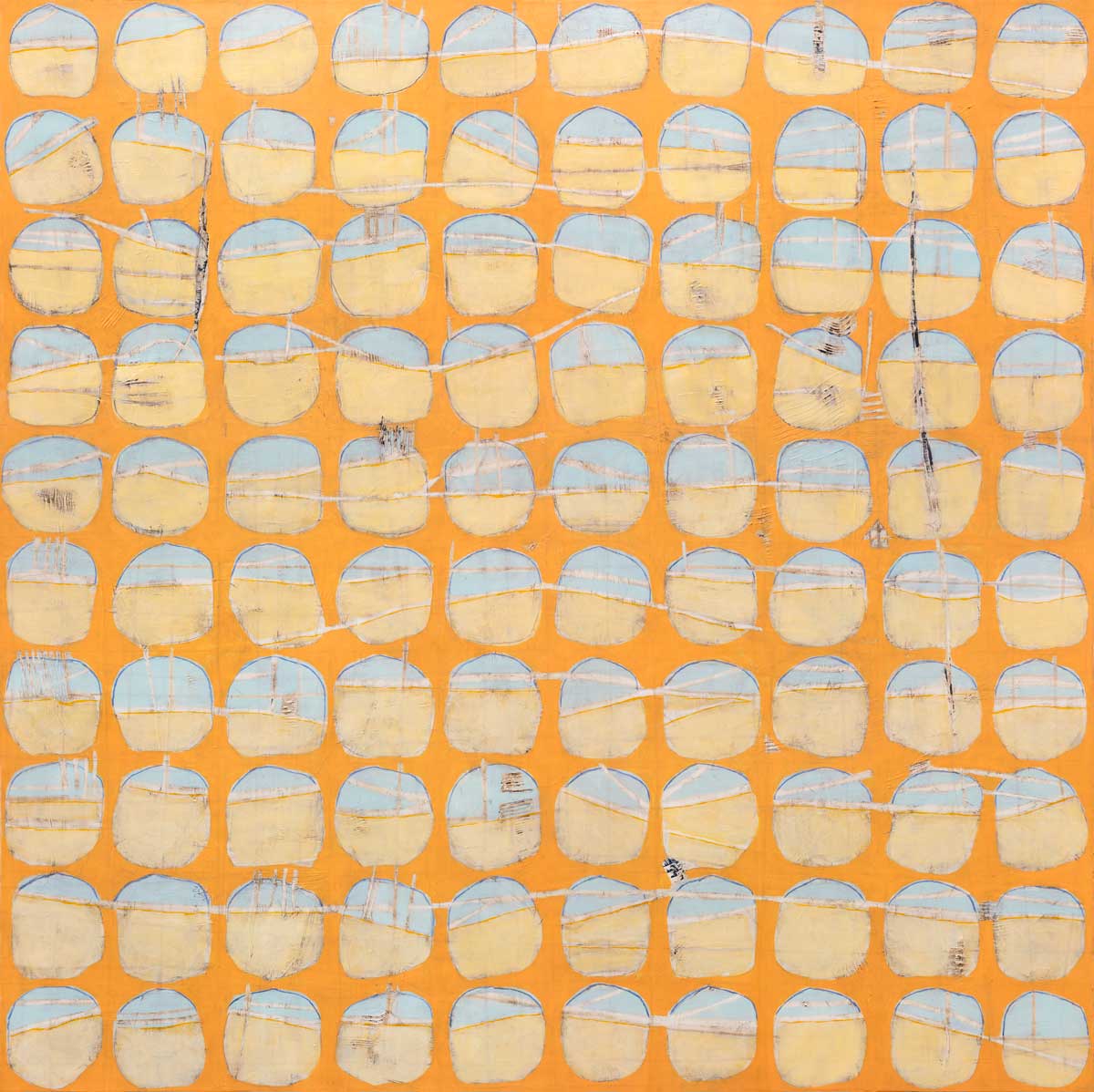 An orange and light blue abstract circle print by Sofie Swann.