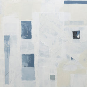 A white and beige abstract painting with blue and black rectangular forms. Wired and ready to hang.