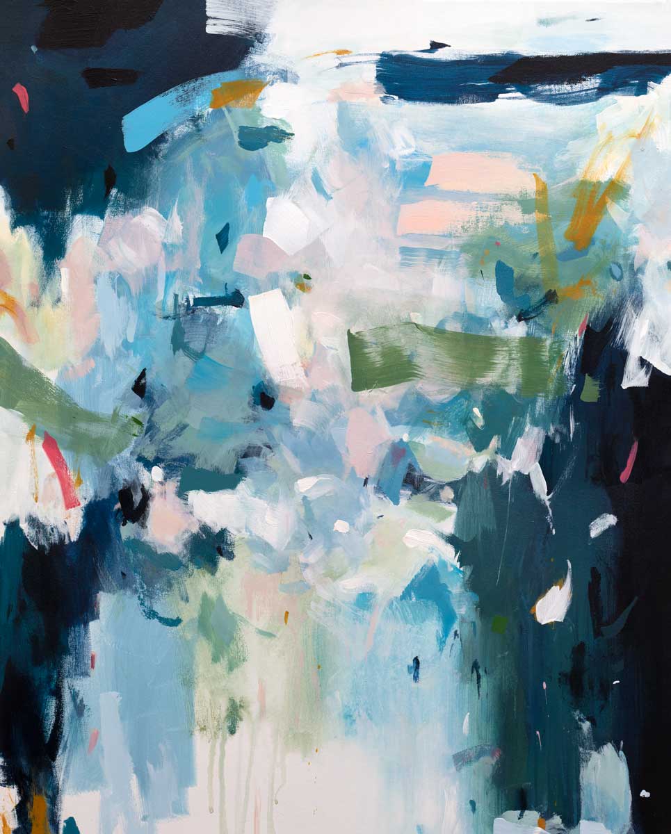 A blue abstract print with green and white accents by Kelly Rossetti.