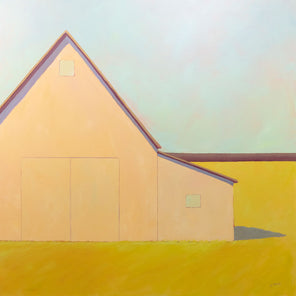 A large, cream-colored barn sits in a yellow field in this Carol C. Young painting. Wired and ready to hang.
