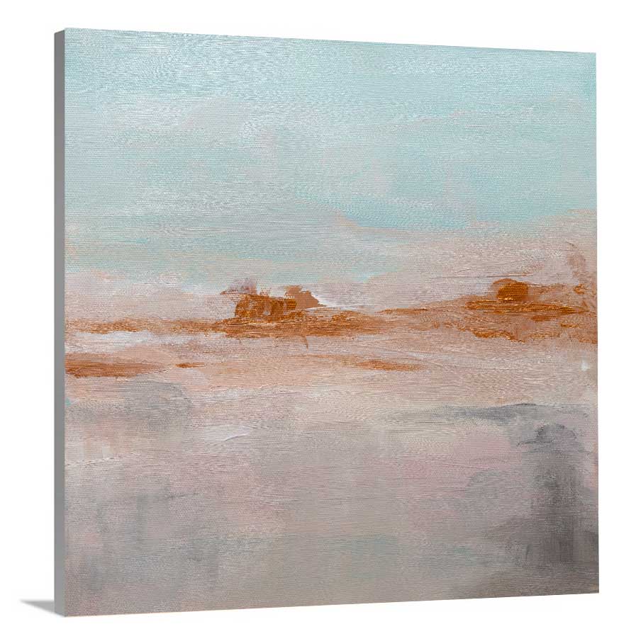 A side-angle view of a teal, copper and dusty pink abstract print on canvas.