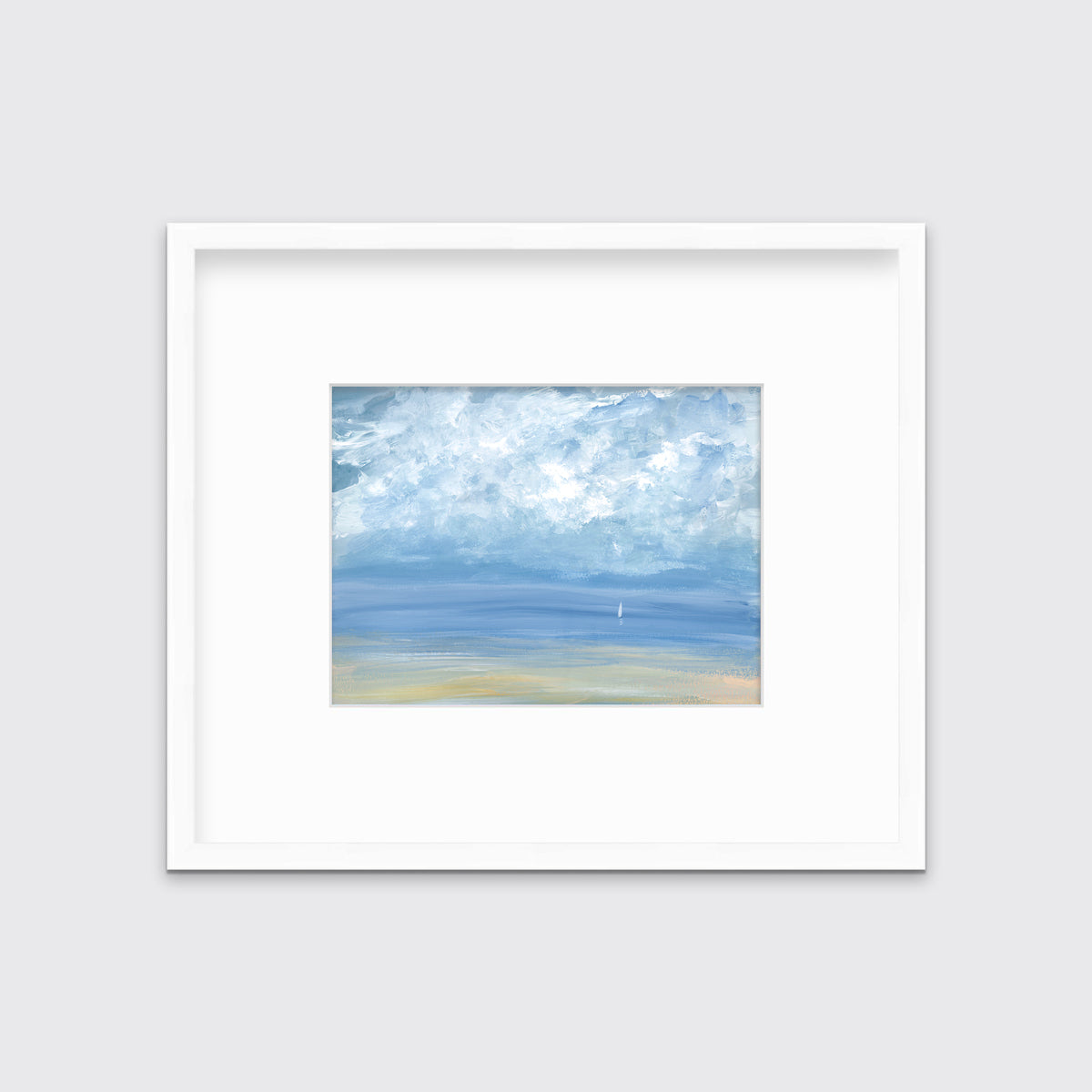 A white, blue and beige abstract seascape print in a white frame with a mat hangs on a white wall.