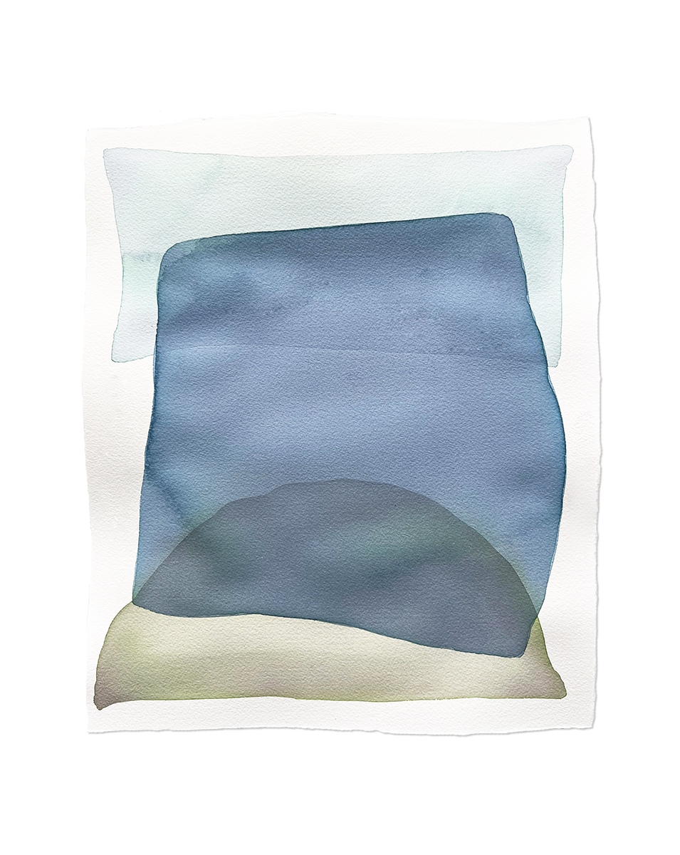A watercolor of light azure, blue, and yellow forms overlapping. Wired and ready to hang.
