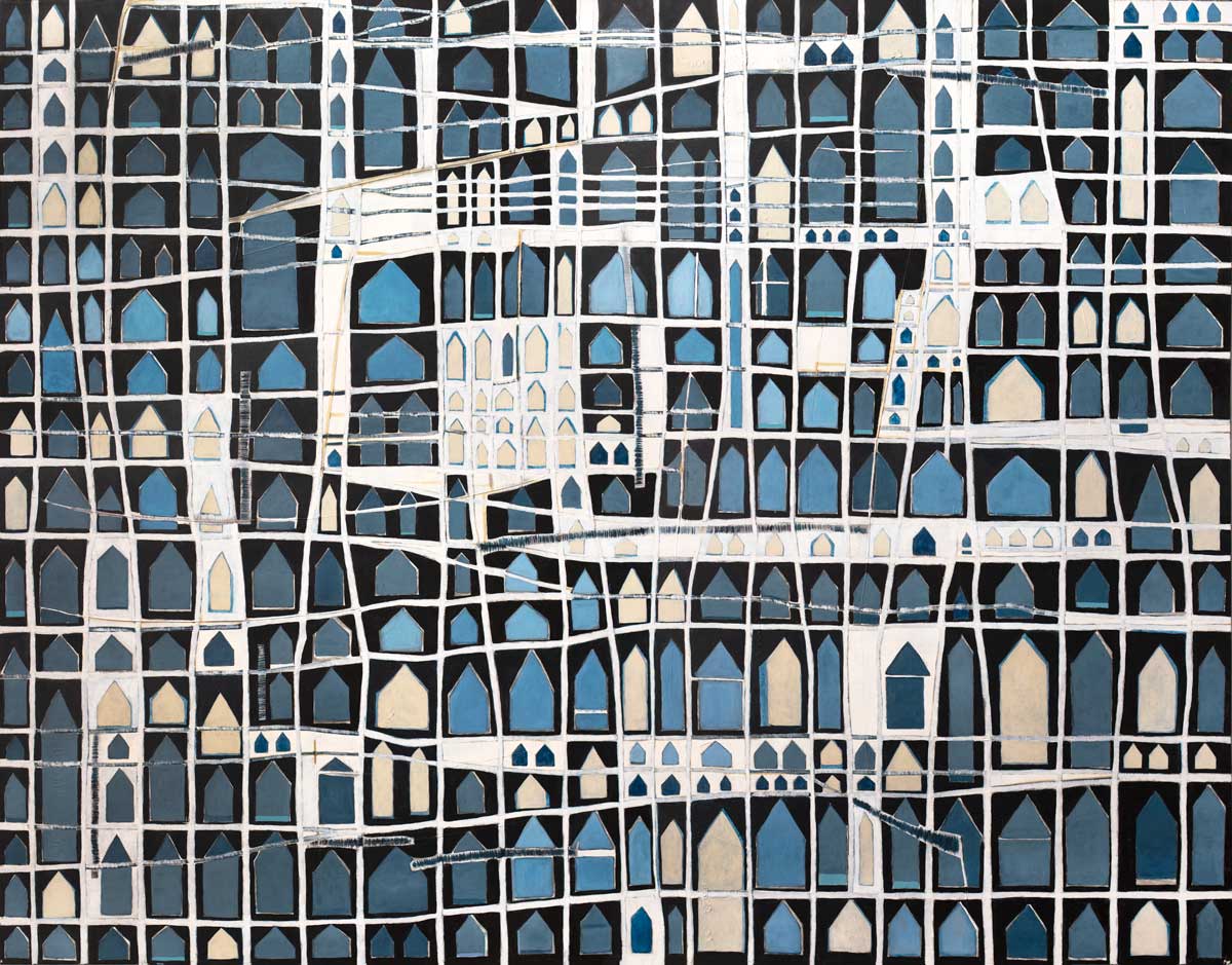 A blue, black, beige and white abstract house print by Sofie Swann.