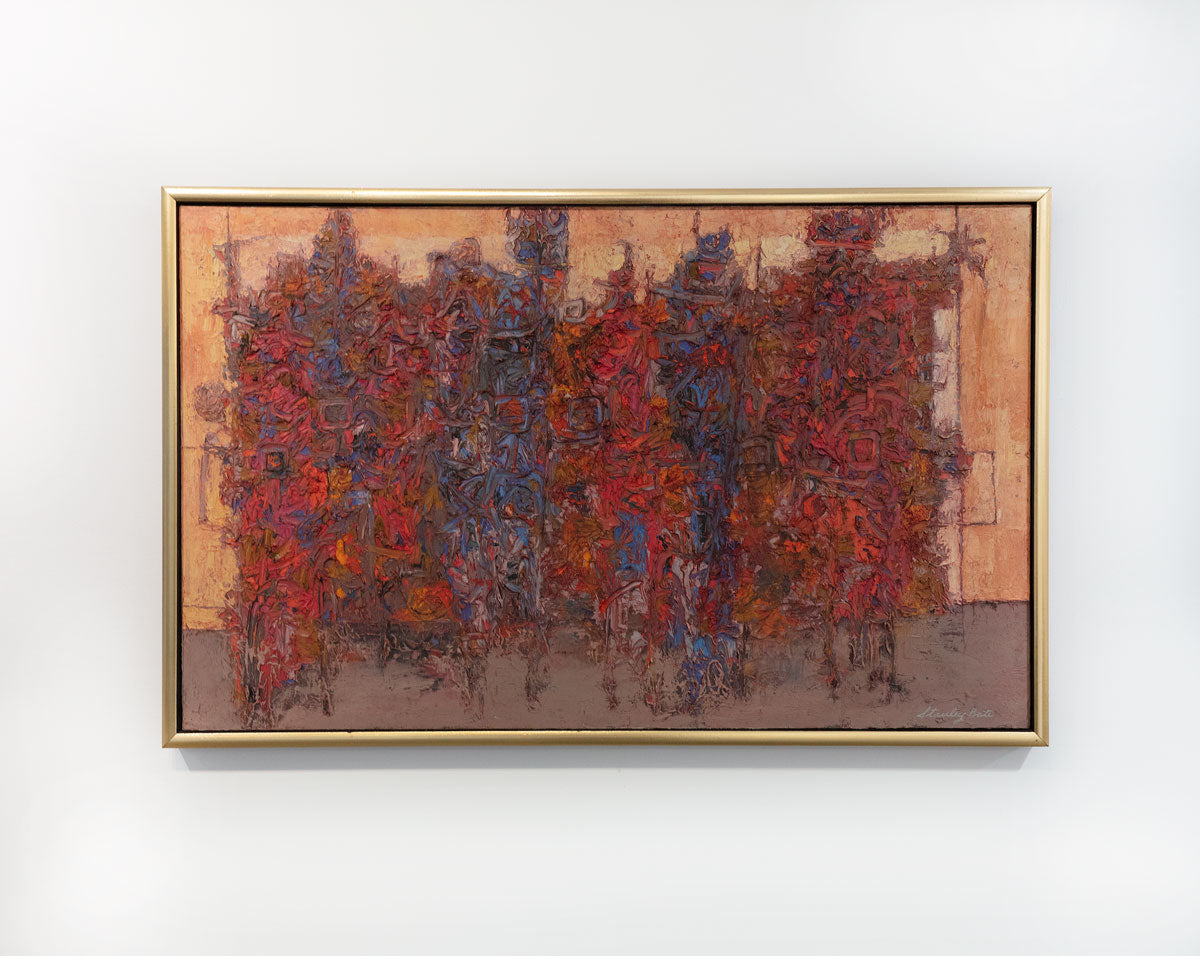 The multicolored and textured painting composed of red and blue brush swirls hangs on a gallery wall. The painting is wired and ready to hang.