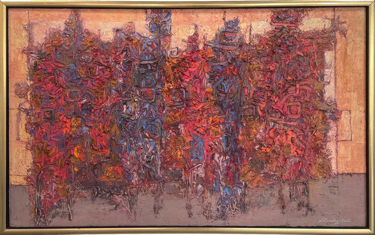 A multicolored abstract painting by Stanley Bate in a warm gold frame.
