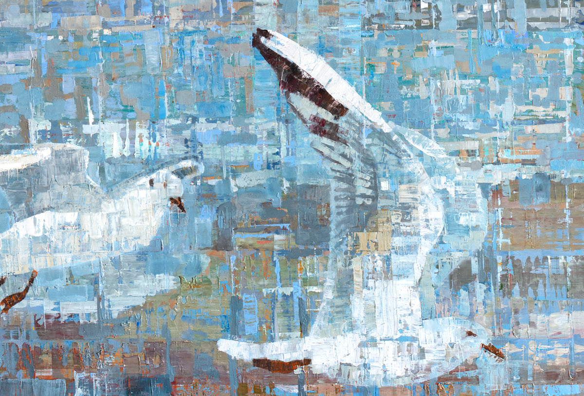 A detail shot of a painting on recycled metal print plates depicting seagulls in flight.