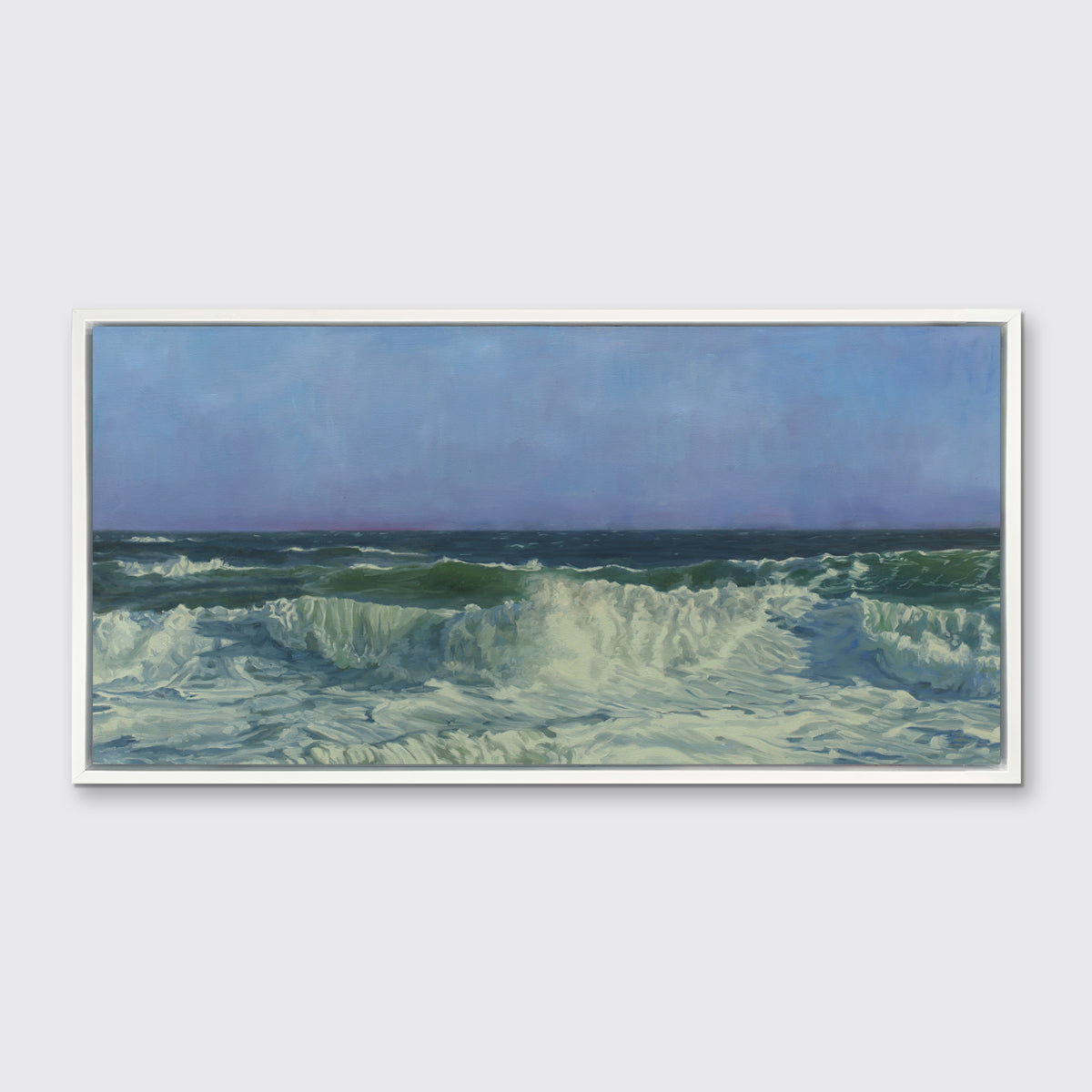 A blue, teal, white and light green abstract water wave print in a white floater frame hangs on a white wall.