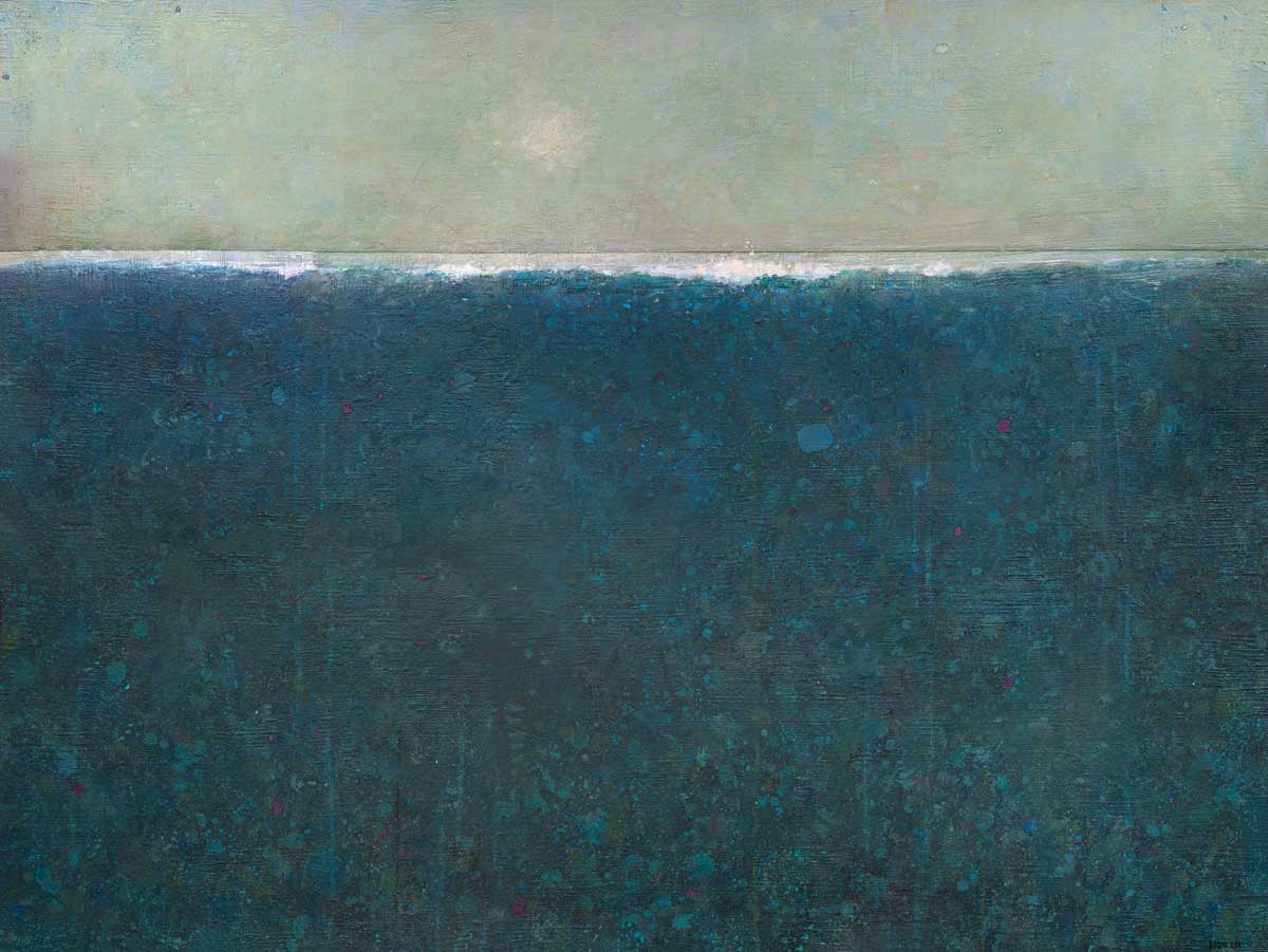 A muted blue-grey sky above a high horizon line of white with blue and teal landscape beneath with multicolored accents.