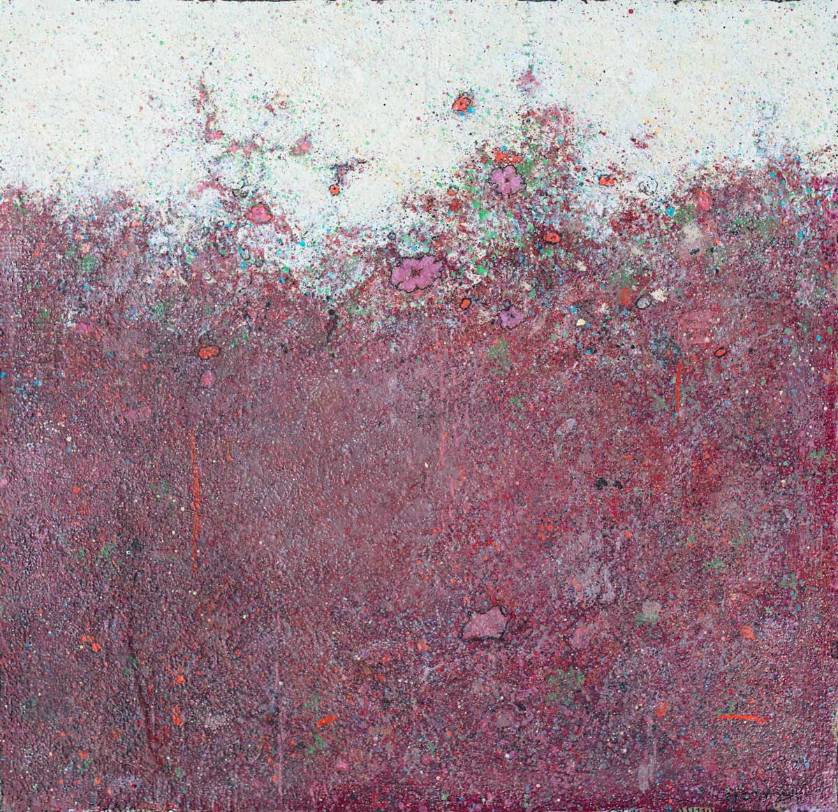 A dark red abstract landscape with red flowers, a light blue sky and multicolored accents.