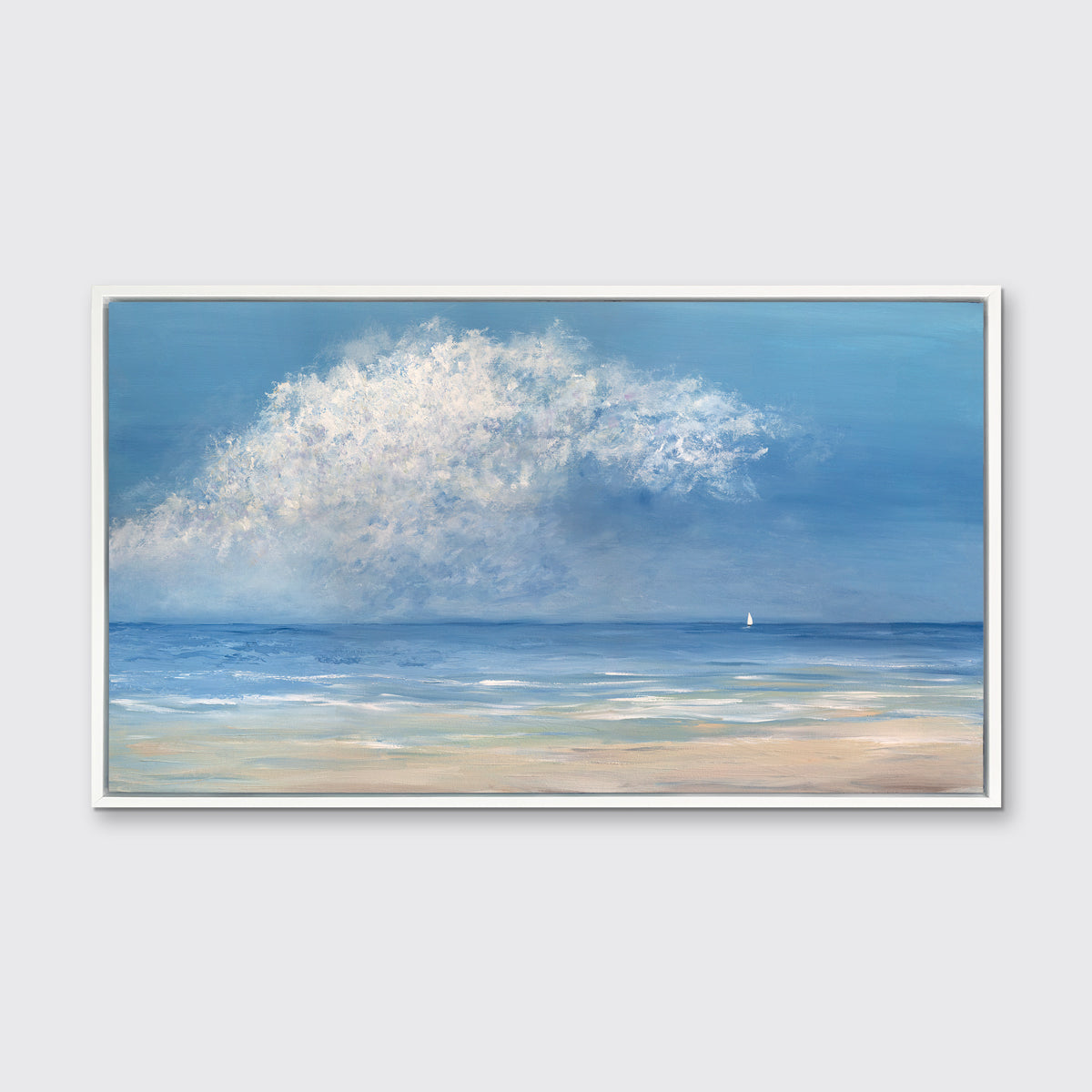 An impressionistic seascape canvas print in a white floater frame hangs on a white wall.