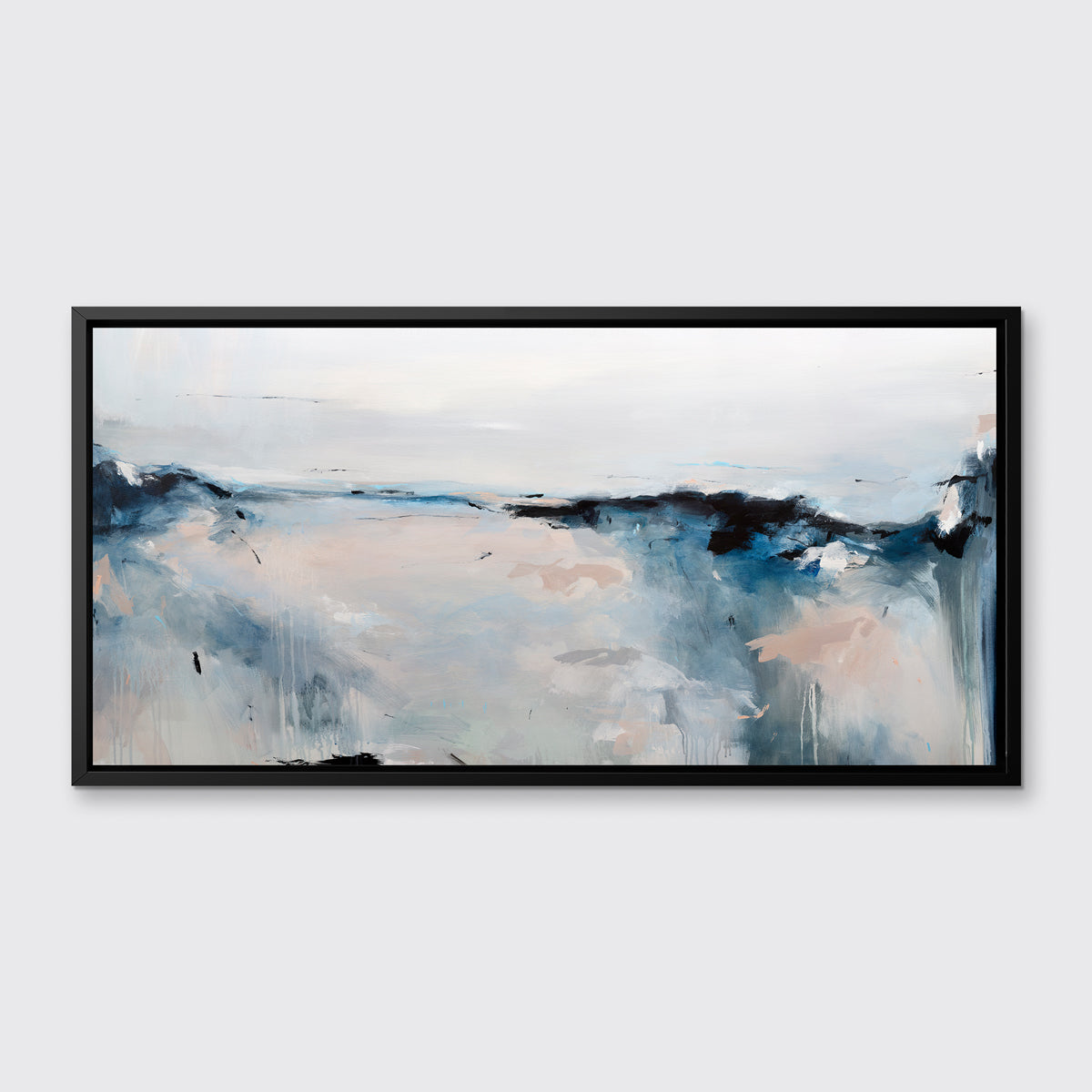 A blue, black, grey and peach abstract print in a black floater frame hangs on a white wall.