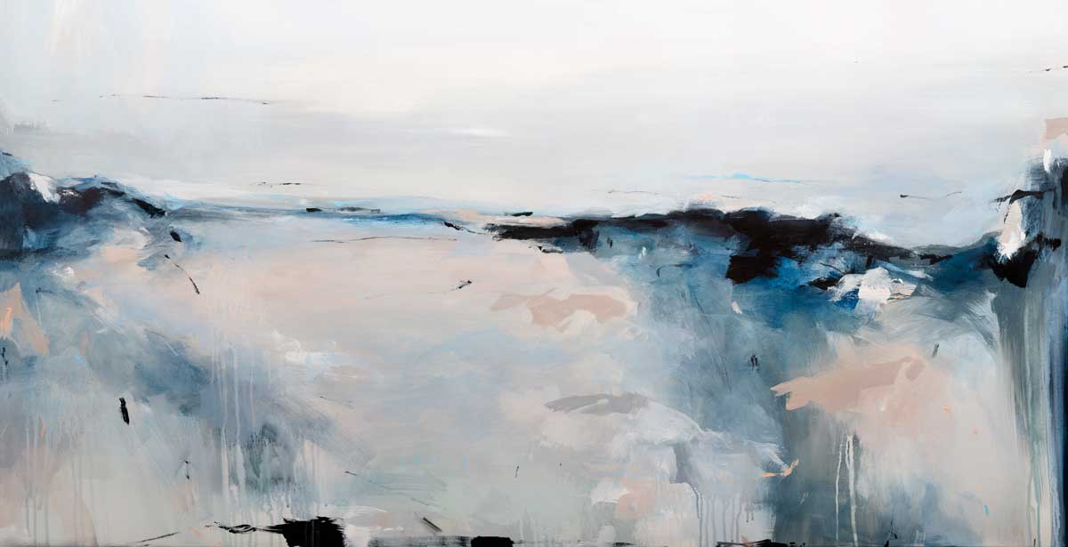 A blue, black, grey and peach abstract print by Kelly Rossetti.