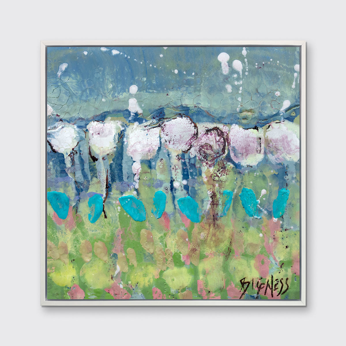 A teal, green and white abstract floral print in a white floater frame hangs on a white wall.