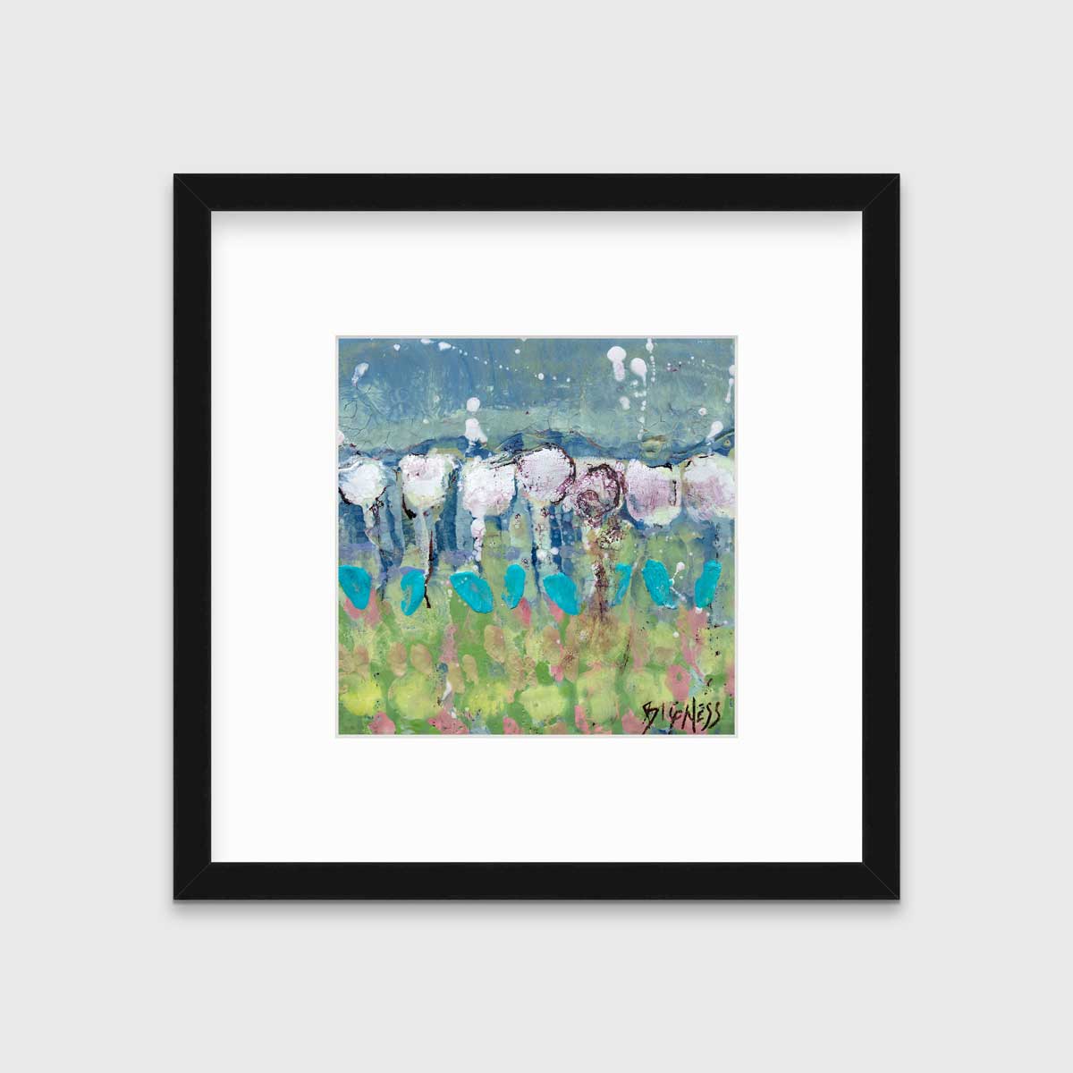 A teal, green and white abstract floral print in a black frame with a mat hangs on a white wall.